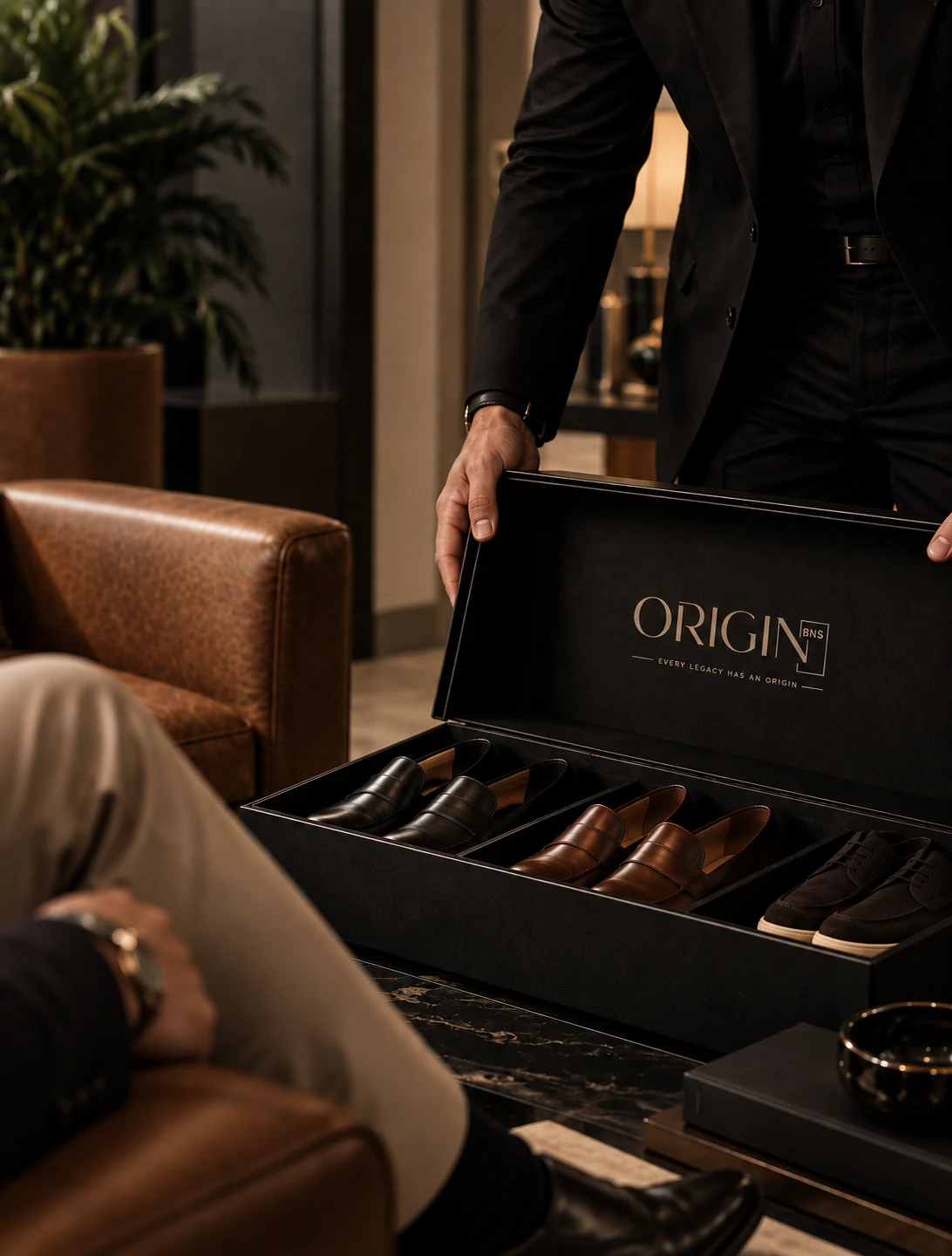 Seleção de calçados masculinos ORIGIN apresentada em caixa premium
